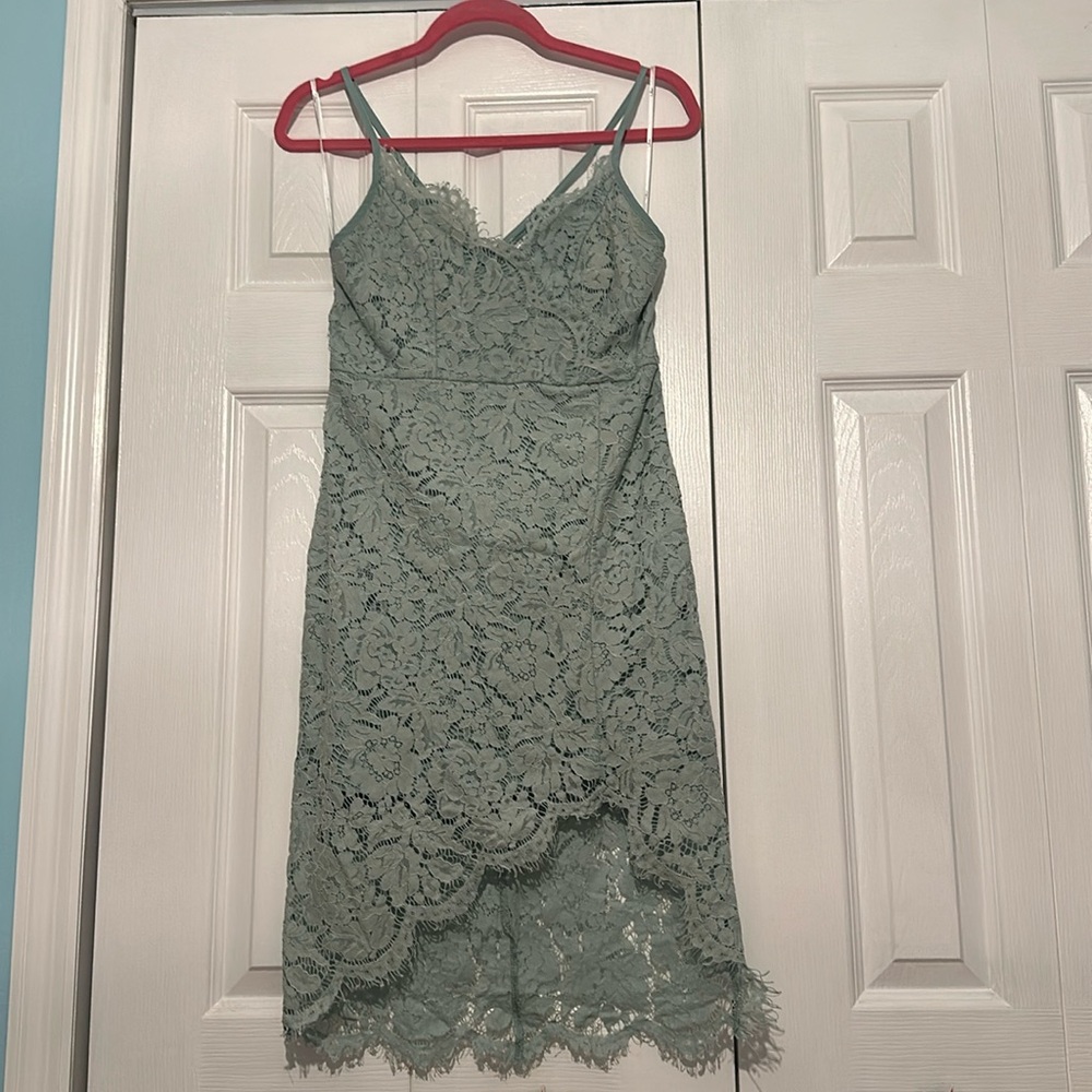 Lulu's Sage Green Lace V-Neck Spaghetti Strap Dress